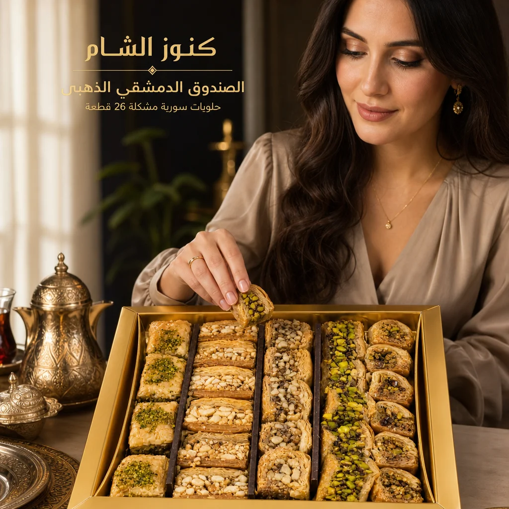 الصندوق الدمشقي الذهبي - حلويات سورية مشكلة 26 قطعة - طعم مختلف مع كل قطعة