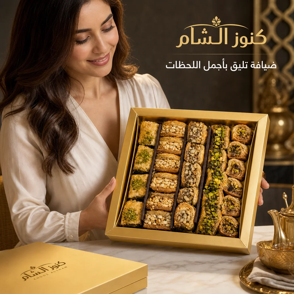 الصندوق الدمشقي الذهبي - حلويات سورية مشكلة 26 قطعة - هدية تليق بكل مناسبة