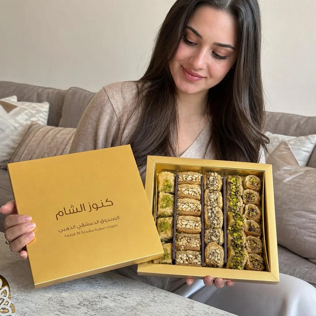 الصندوق الدمشقي الذهبي - حلويات سورية مشكلة 26 قطعة - هدية فاخرة بطابع شامي