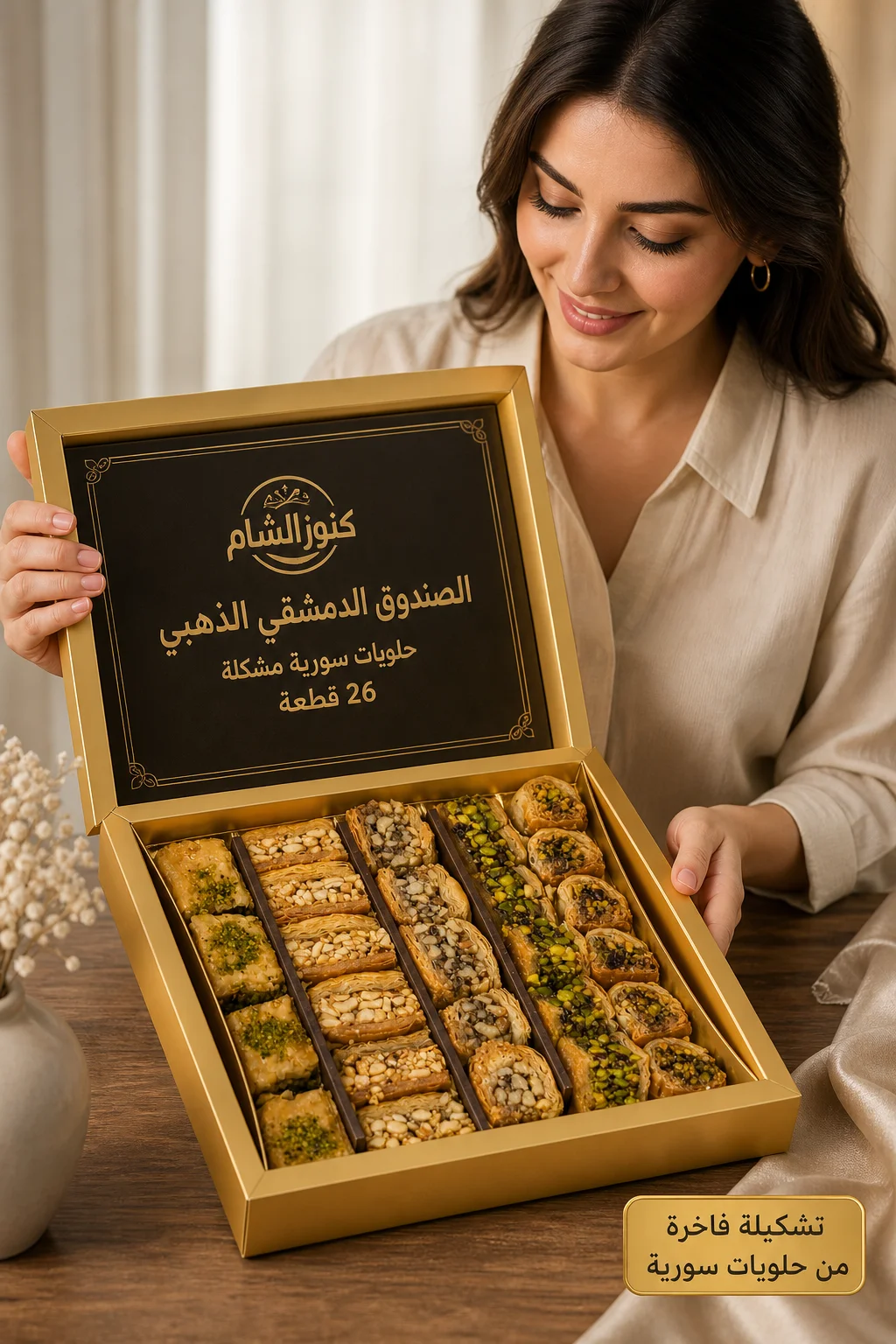 الصندوق الدمشقي الذهبي - حلويات سورية مشكلة 26 قطعة فاخرة ومتنوعة