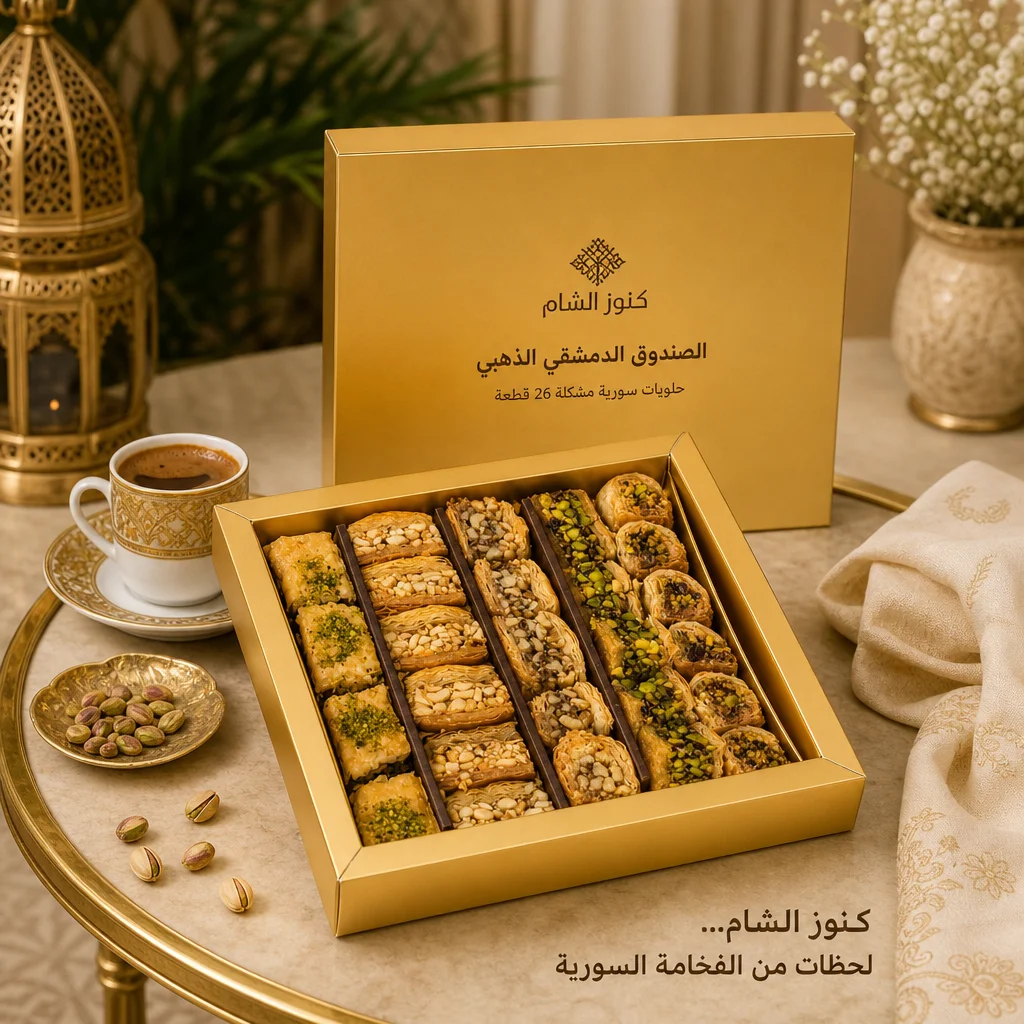 الصندوق الدمشقي الذهبي - حلويات سورية مشكلة 26 قطعة - ابدأ صباحك بنكهات دمشقية أصيلة